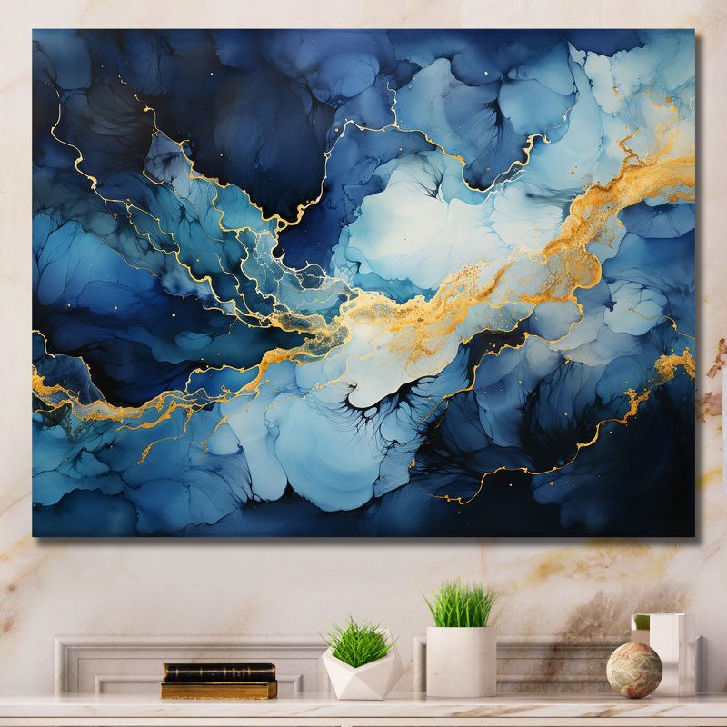 Décoration murale ouragan abstrait bleu et or - Tempêtes, Toile tendue, H 16 po x l 32 po x P 1 po