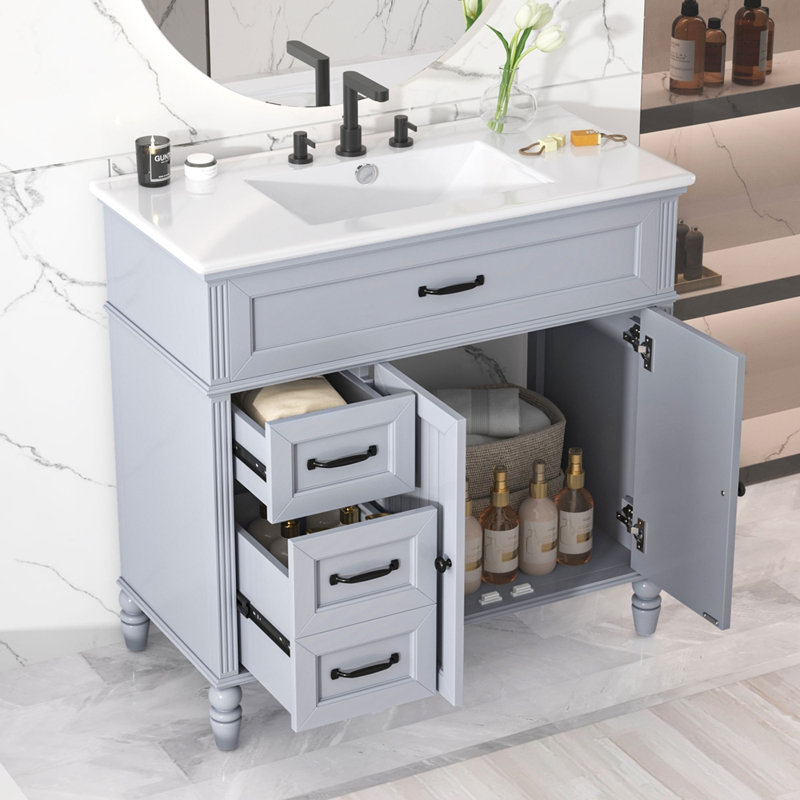 Meuble-lavabo 36 po avec lavabo, armoire et tiroirs, cadre solide et panneau de fibres à densité moyenne 36 po, ensemble unique