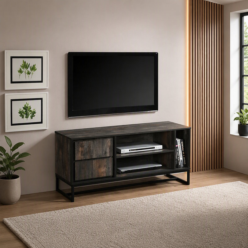 Meuble télé de style moderne du milieu du siècle avec rangement à plusieurs niveaux et garde-robe