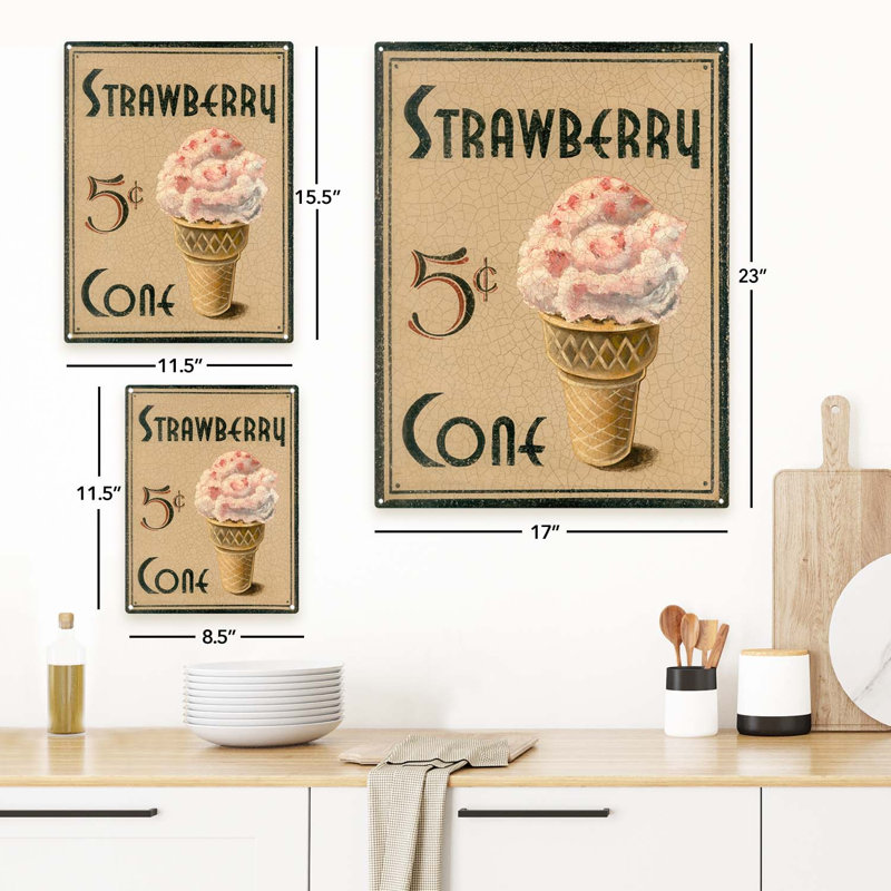 Plaque rétro en métal avec fraise, H 15,5 po x l 11,5 po x P 0,04 po