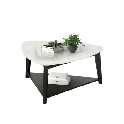 Coffee table with storage, triangular marble top, white and jet black, 40 inches wide