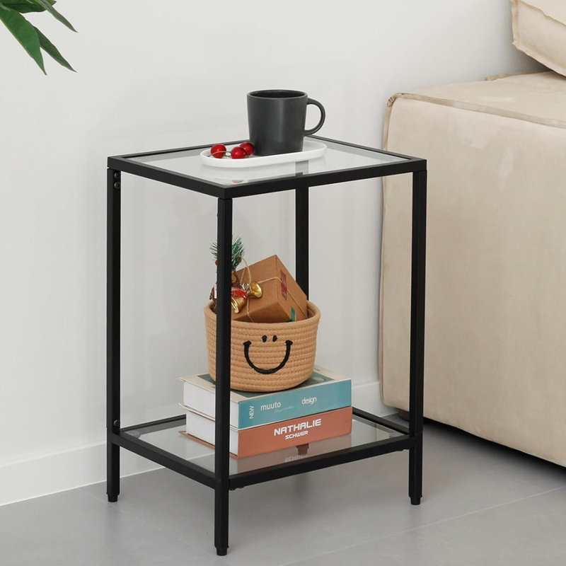 Table d'appoint moderne en verre trempé noir à 2 niveaux, 1