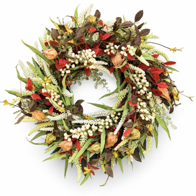 Couronne de porte d'entrée artificielle de 56 cm (22 po) avec feuillage d'automne et baies, décoration murale pour la fête de l'Action de grâce et les récoltes