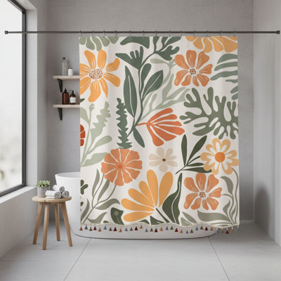 Boho Floral Tassel Shower Curtain 72x72 Waterproof Fabric Bathroom Decor with 12 Hooks