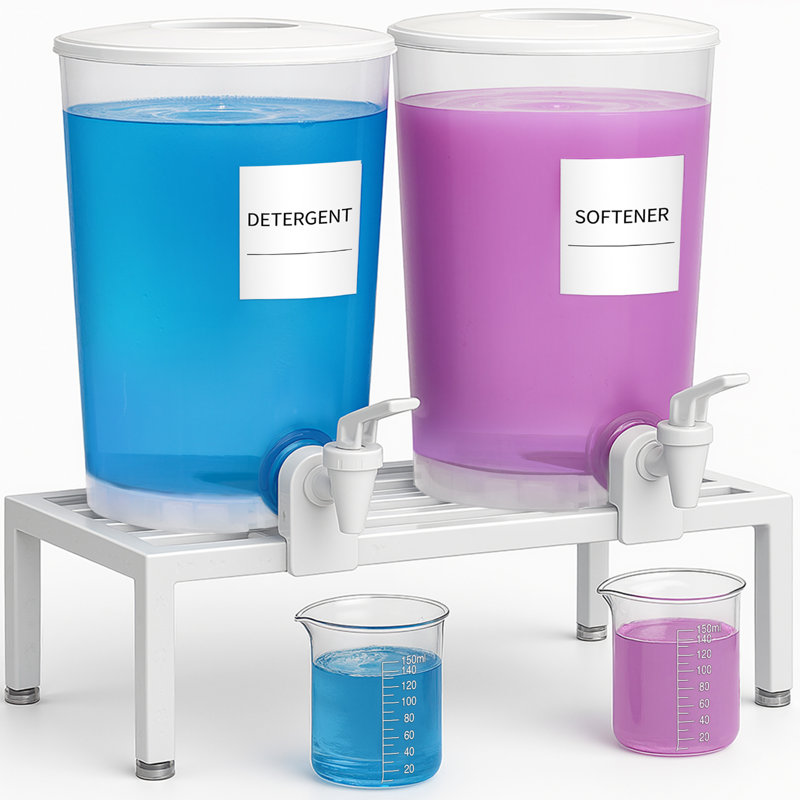 Ensemble de 2 distributeurs de détergent à lessive liquide, distributeur de savon à lessive 120 oz liq. / 3,5 l avec robinet étanche, récipients en plastique pour assouplissant, eau de Javel avec support, étiquettes, tasses à mesurer