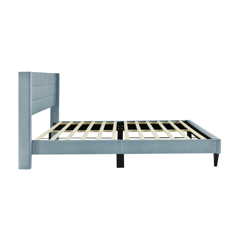 75.9'' W King Size Upholstered Platform Bed with Velvet Fabric & Square Tufted Headboard, Blue, King