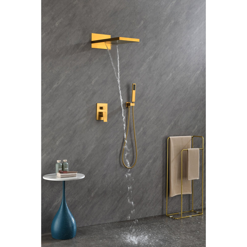 Wall Mounted Shower Kit With Rectangular Head And Handheld - Gold Brass Faucet Finish