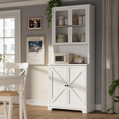 72" White Kitchen Hutch with Glass Doors, 41" Buffet Cabinet with Charging Station & LED Lights, Farmhouse Storage Cupboard for Dining Room, White