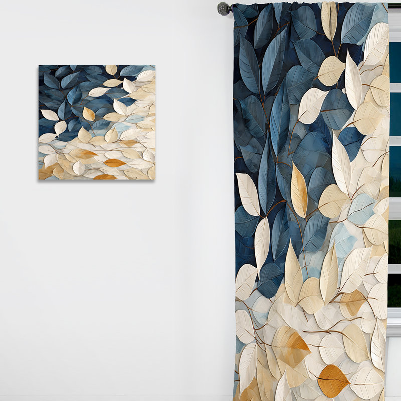 Beige And Blue Minimalism Leaves Collage - Traditional Velvet Curtain - Room Darkening - 1 panel, 52" W x 84" L