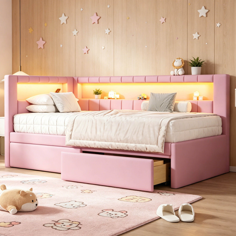 Upholstered Twin Size Platform Bed With USB Ports And LED Belt, With 2 Drawers, Pink, null