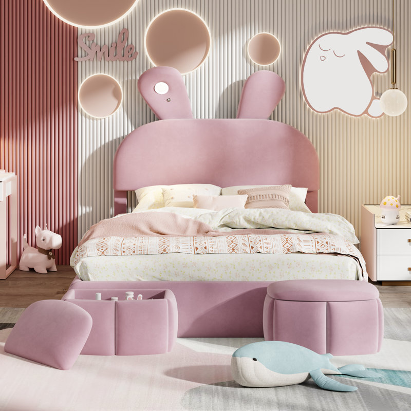 Full Size Pink Upholstered Platform Bed with Cartoon Ears Headboard, LED Light, Storage Stools, No Box Spring Needed