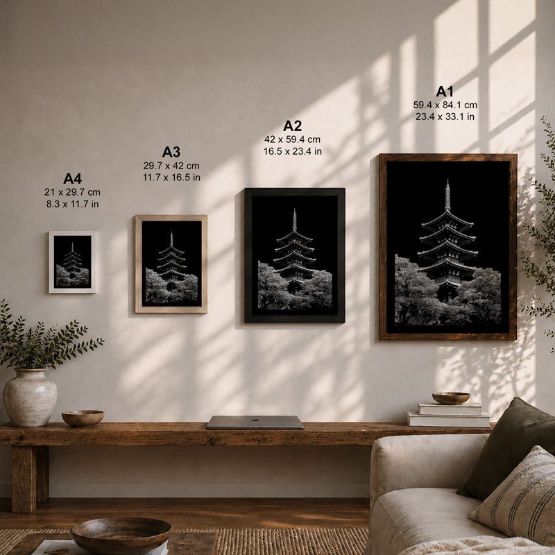 Pagoda Against Night Japandi - Framed Print, Black, A3 - 42.0 x 29.7 cm