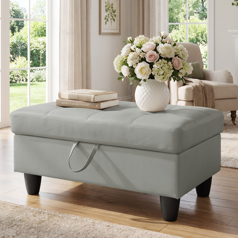Rectangular Storage Ottoman Bench With Hinged Lid, Faux Leather Footrest For Living Room, Bedroom, Entryway, Silver, 35"X23.5"X17.5"