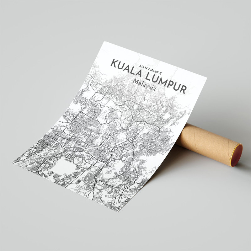 «Kuala Lumpur City Map», impression de luxe, Gris / blanc, H 24 po x l 18 po
