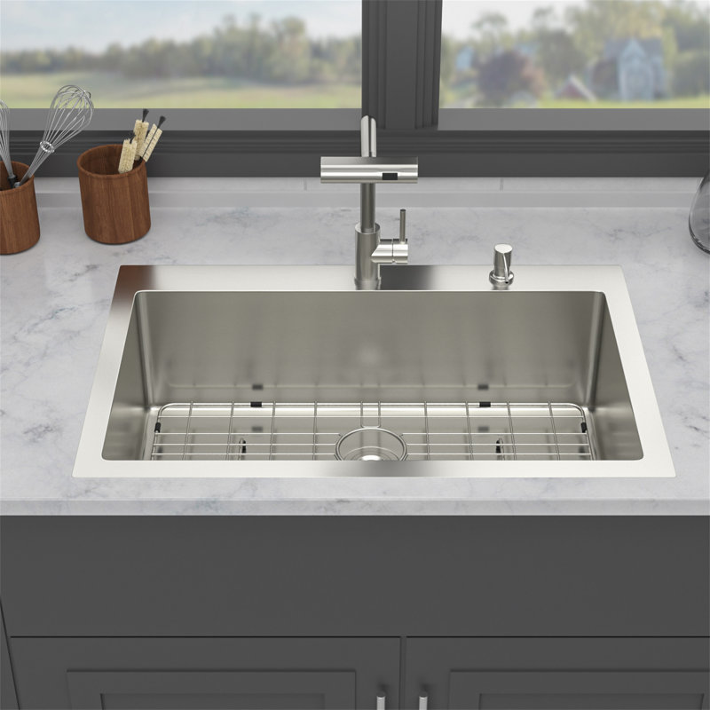 30" Drop-In Kitchen Sink With Pull-Out Faucet And Soap Dispenser - 30 X 22 X 10 Inch Single Bowl 16 Gauge Stainless Steel Topmount Kitchen Sink Basin