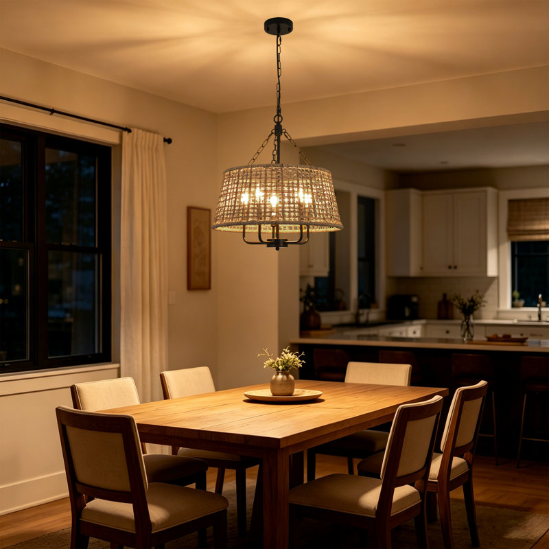 Lustre de tambour en rotin naturel à 5 ​​lumières (50 cm), intensité variable, style bohème, suspension trapézoïdale.