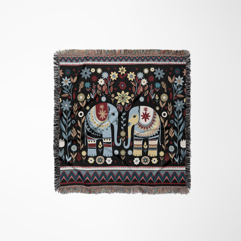 Jeté en mélange de coton Cece Elephant, Noir / bleu / rouge, L 60 po x l 60 po