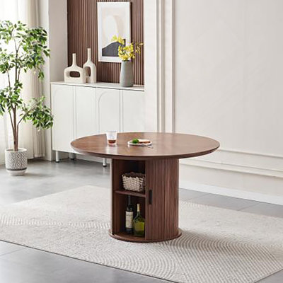 Round Dining Table with Two Layers of Storage Shelves. Wood Tea Desk, Flexible-opening Storage Door. Large storage space, Living Room or Kitchen