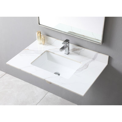 Dessus de meuble-lavabo de 37 po en pierre frittée dorée, avec lavabo encastré rectangulaire en céramique et trou pour robinet - prise exquise au look tendance