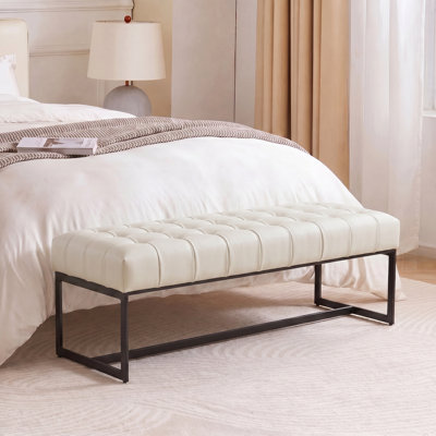 130cm Wide Genuine Leather Bench Tufted Iron Frame 