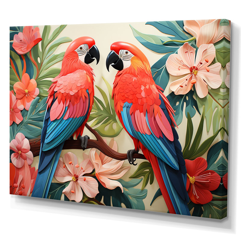 Fleurs tropicales roses et bleues - art mural perroquet, Toile tendue, H 16 po x l 32 po x P 1 po
