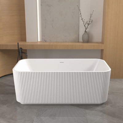 59"Rectangle Linear Acrylic Freestanding Bathtub Stand Alone Soaker Tub, Glossy White Acrylic, POP-UP Chrome Drain, Cupc Certified,