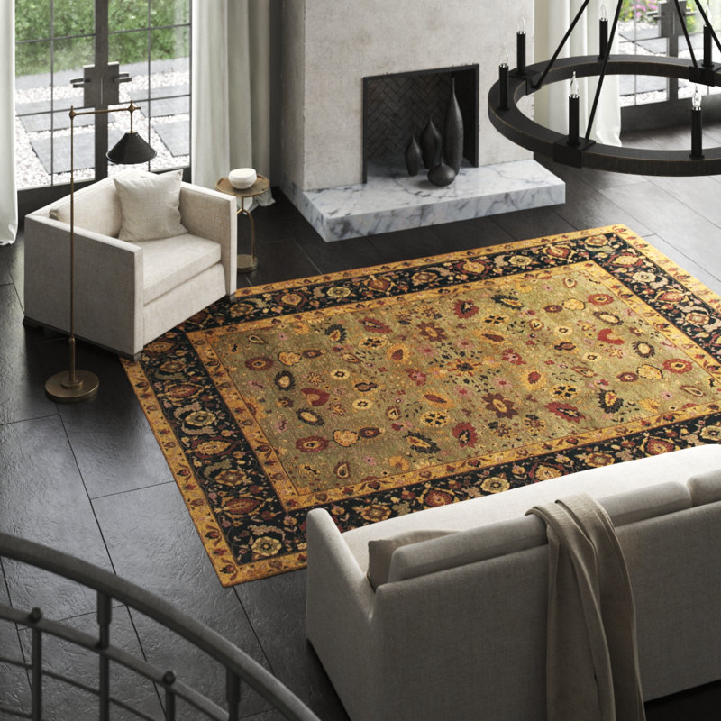 Jasmine Wool Oriental Area Rug in Black/Green, Rectangle 9' x 12'
