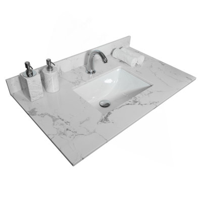 Dessus de meuble-lavabo en pierre blanc de 31 po Montary avec lavabo en céramique encastré et robinet simple avec dosseret