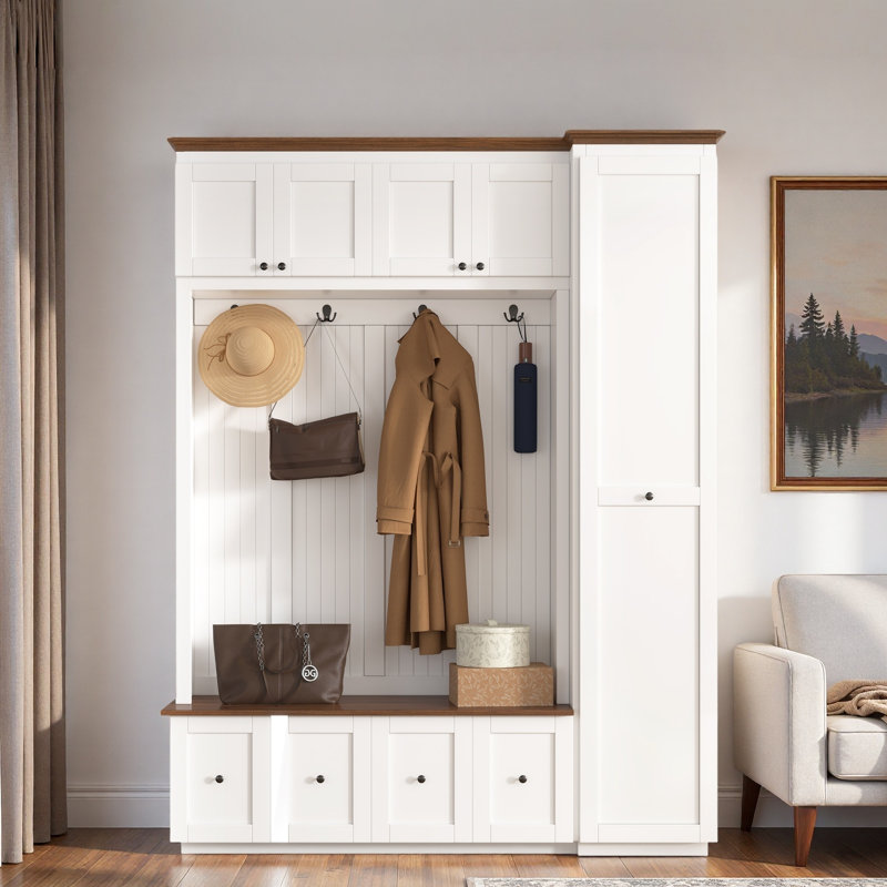5-in-1 Hall Tree With Bench, Coat Rack, Drawers, Cabinets And Extra-large Side Storage Space, White