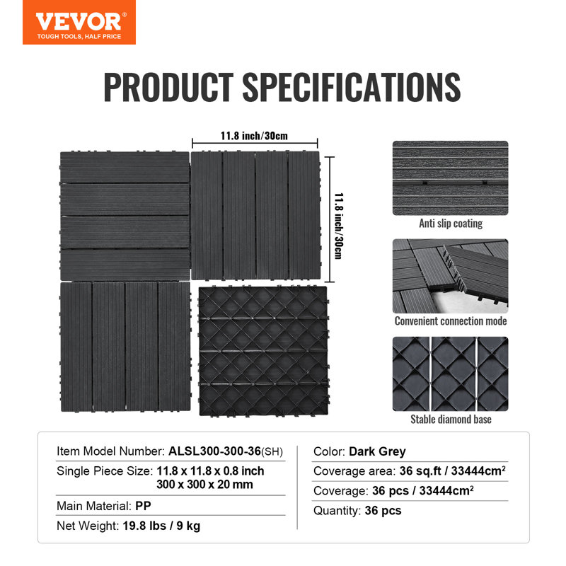 30cm L x 30cm W Plastic Interlocking Deck Tile, Dark Grey