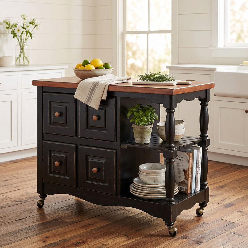 Liudger Solid Wood Kitchen Cart with Push-Through Drawers, Storage Shelves, and Rolling Casters - Antique Black and Cherry