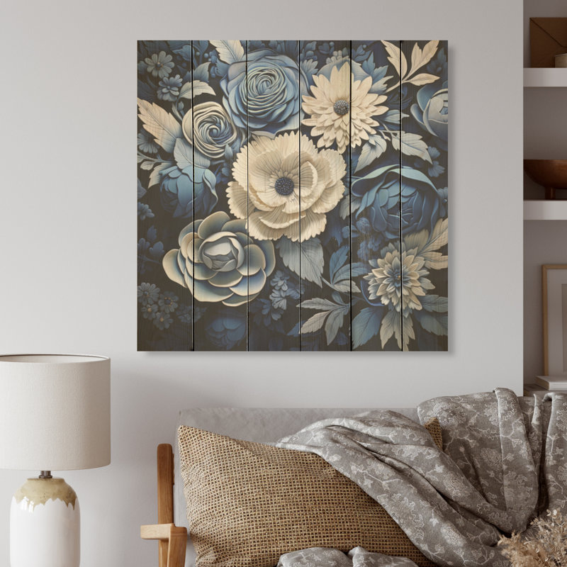 Aquarelle, fleurs saisonnières bleues et blanches I - Fleurs, art mural sur bois de pin naturel, H 15 po x l 15 po