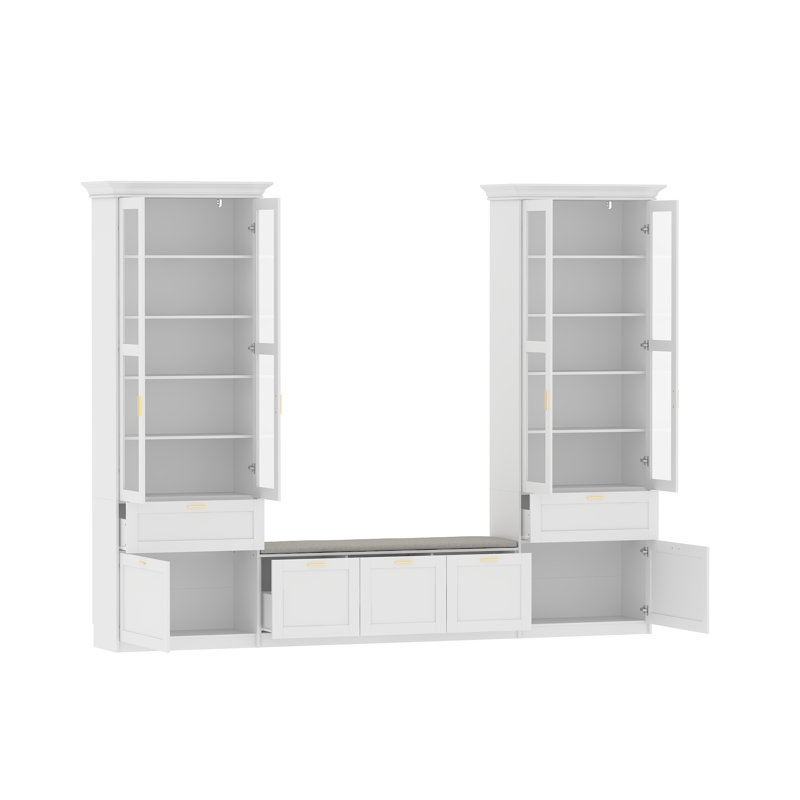 Bibliothèque à 5 tiroirs avec banc et portes en verre l 122 po x H 97 po