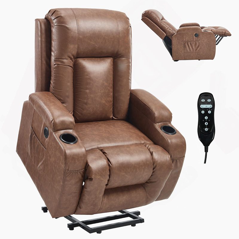 Brown PU Infinite Position Up to 350 LBS Power Lift Recliner Chair for Elderly, Heavy Duty Motion Mechanism with 8-Point Vibration Massage and Lumbar Heating, USB Charging Port, Cup Holders