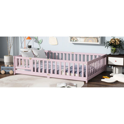 Lit rose pleine grandeur avec clôture et lattes plateforme, idéal pour la transition de la chambre à coucher, 7 portes en bois d'hévéa renforcées faciles à monter, espaces limités parfaits, favorise la maturité affective