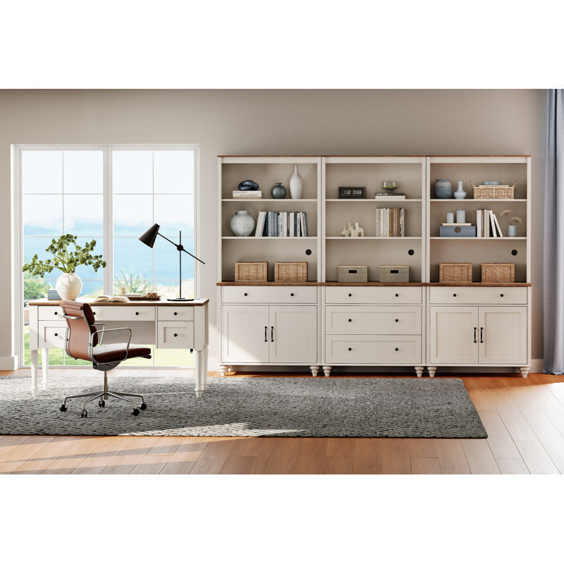 Ensemble de bureau 2 pièces, bureau double 56 po, bibliothèques avec 5 tiroirs et 2 portes, Blanc / Brun
