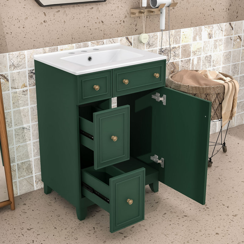 Meuble-lavabo chic 2 tiroirs 24 po avec lavabo en céramique et conception compacte, Vert givré, Doré