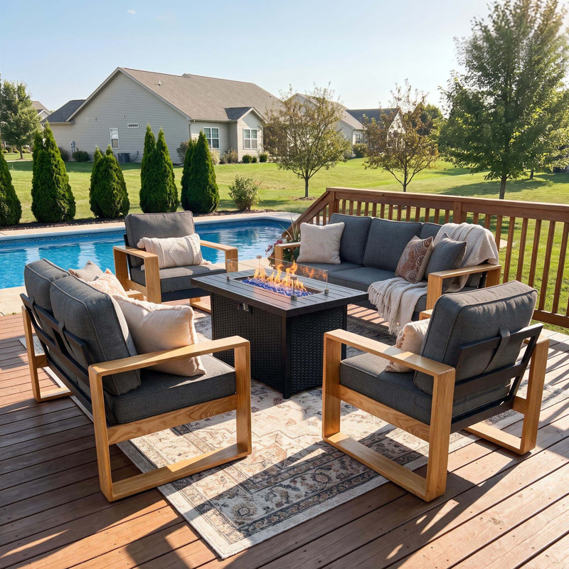 Modern Aluminum 5-piece Patio Conversation Set With Firepit Table, Outdoor All Weather Furniture Set, Dark Gray