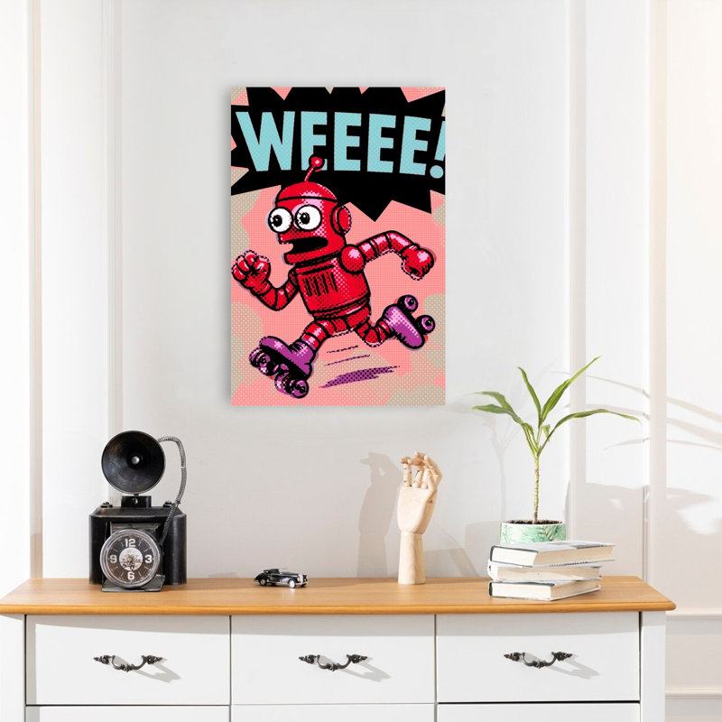 Running Pop Art Robot Energetic Playful Retro Wall Art Print 1 Piece Wrapped Canvas Wall Art, 60.96cm H x 40.64cm W