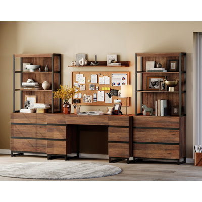 Ensemble de mobilier de bureau personnel: bureau de direction moderne 59 po avec station de charge et tiroirs et 2 bibliothèques hautes PCS 72 po avec 6 tiroirs, mobilier de bureau personnel pour le salon, la chambre à coucher, brun