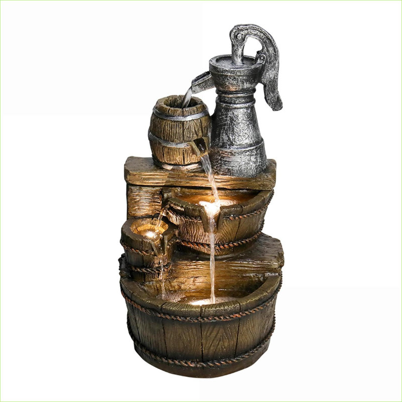 Fountains 5-Tier Vintage Rustic Cascading Water Fountain with LED Lights, 25.5"H for Indoor Outdoor Decor | Concrete / Cement | Walnut Brown