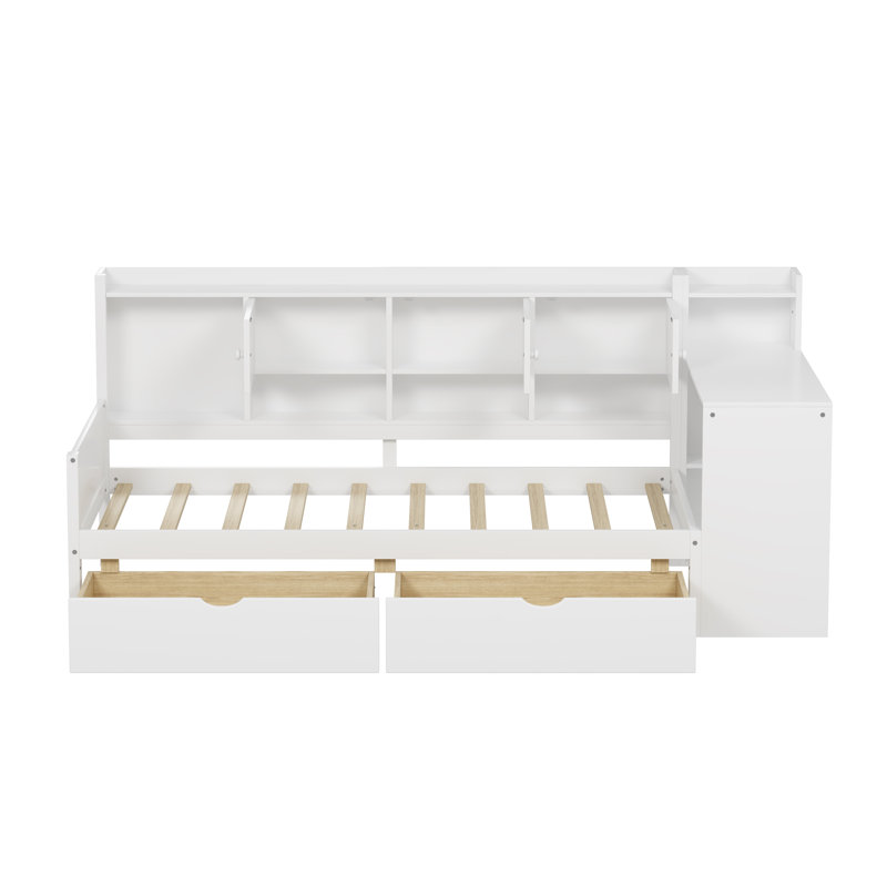 Lit de jour moderne en L avec rangement et bureau, Lit simple, Blanc