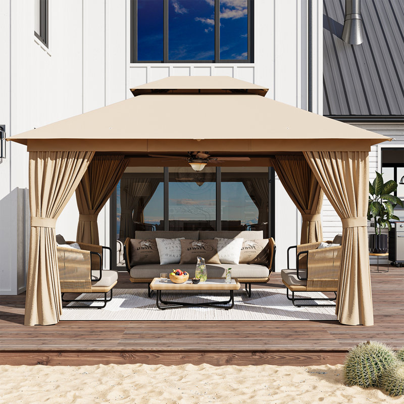 12 Ft. W x 10 Ft. D Outdoor Gazebo With Double Roof, Spacious Canopy With Netting & Curtains, For Patio, Lawn & Backyard