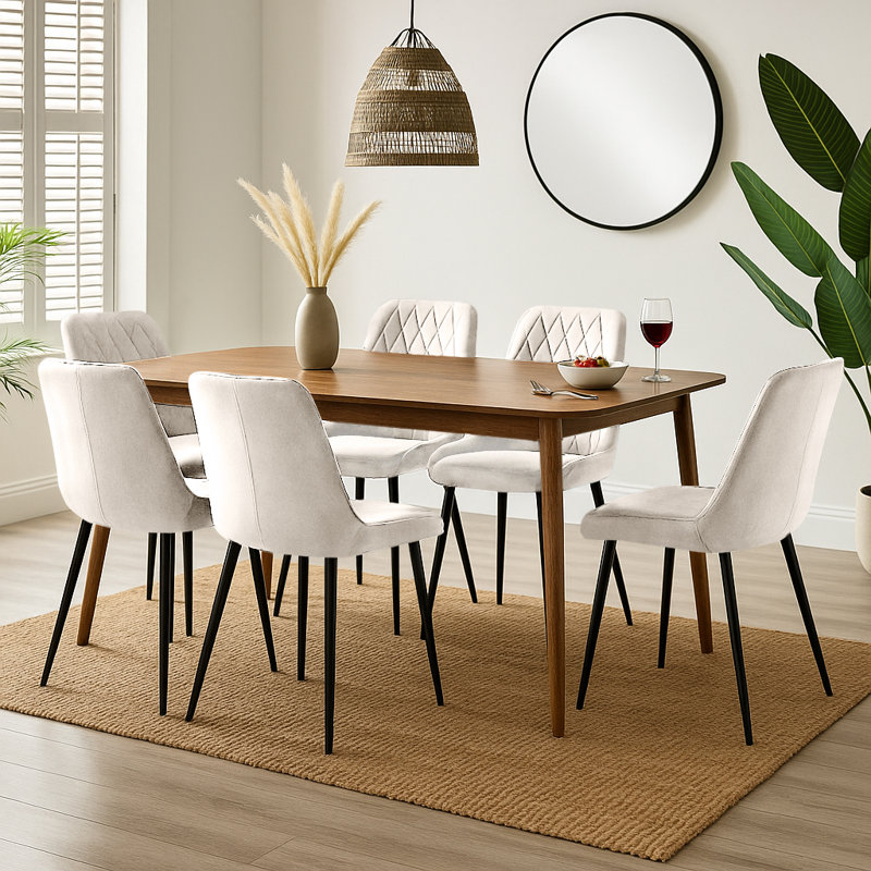 Drea Solid Wood Walnut Effect Dining Table With 6 Simsbury Luxury Velvet Upholstered Dining Chairs, Cream