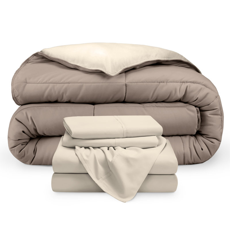 Lit dans un sac réversible en microfibre, Sable / taupe, sable, Édredon très grand et 2 taies d'oreiller