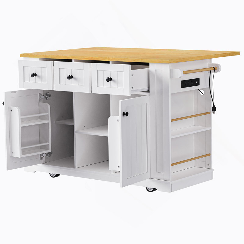53inch Large Kitchen Island with Drop Leaf, Power Outlet, Door Internal Storage Rack, Rolling Kitchen Cart on 5 Wheels with 5 Open Side Racks for Kitchen, Dining Room (Not include bar stools)