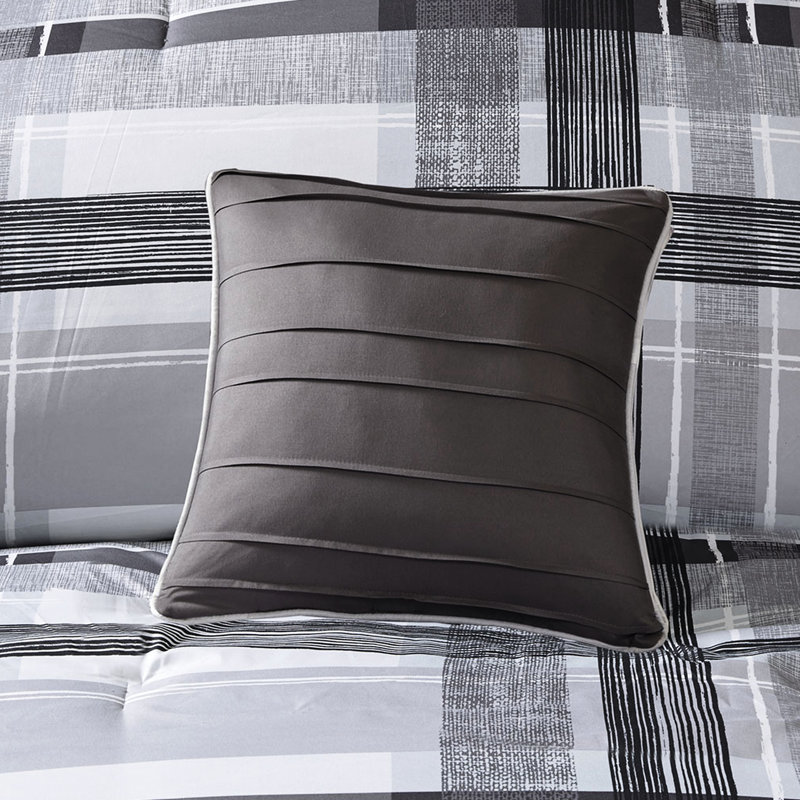 Édredon double / grand écossais - Literie moderne en édredon noir et gris foncé, taies décoratives, ensemble 2 coussins avec collection