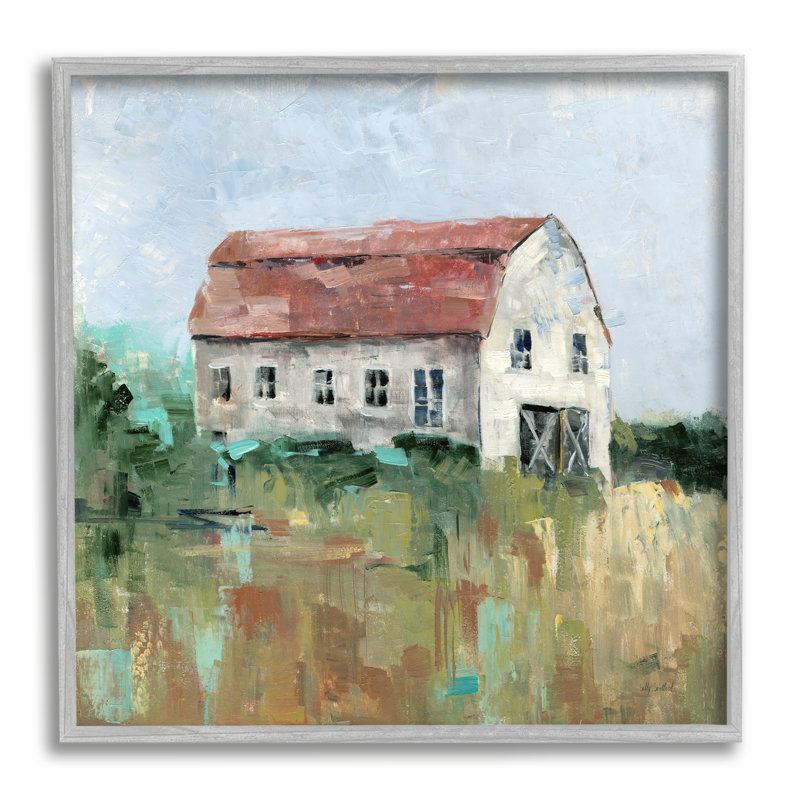 Rustic Barn Landscape Print on Canvas with White Frame