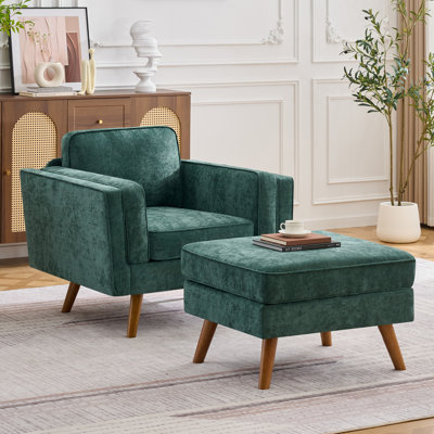 Mid-Century Modern 2-Piece Living Room Sofa Set, Includes Ottoman & Armchair, Tapered Wood Legs
