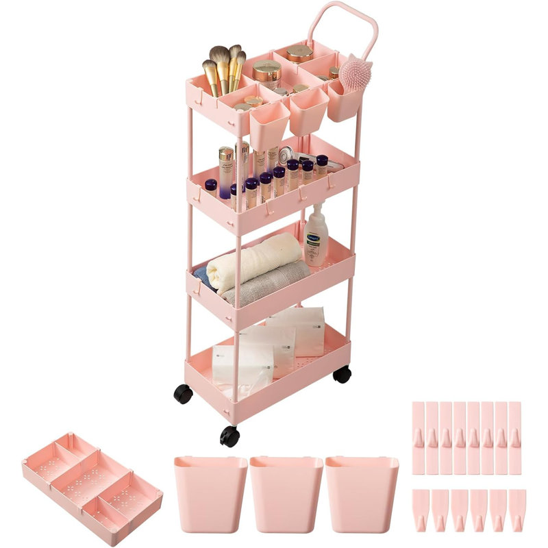 Chariot de rangement mince sur roulettes avec roulettes, organisateur à 4 niveaux avec séparateurs, tasses et crochets suspendus, chariot de salle de bain peu encombrant, assemblage facile